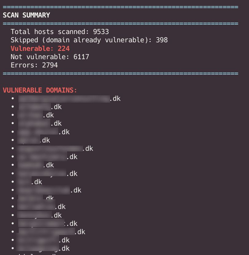 Vulnerable .dk domains discovered by the scan